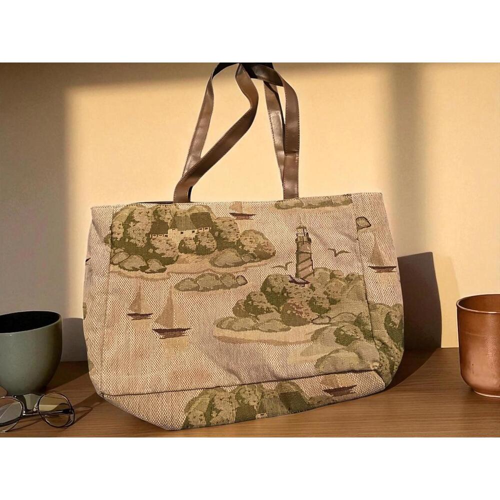 Canvas Tote Bag w/Nautical Island Lighthouse Sailboats